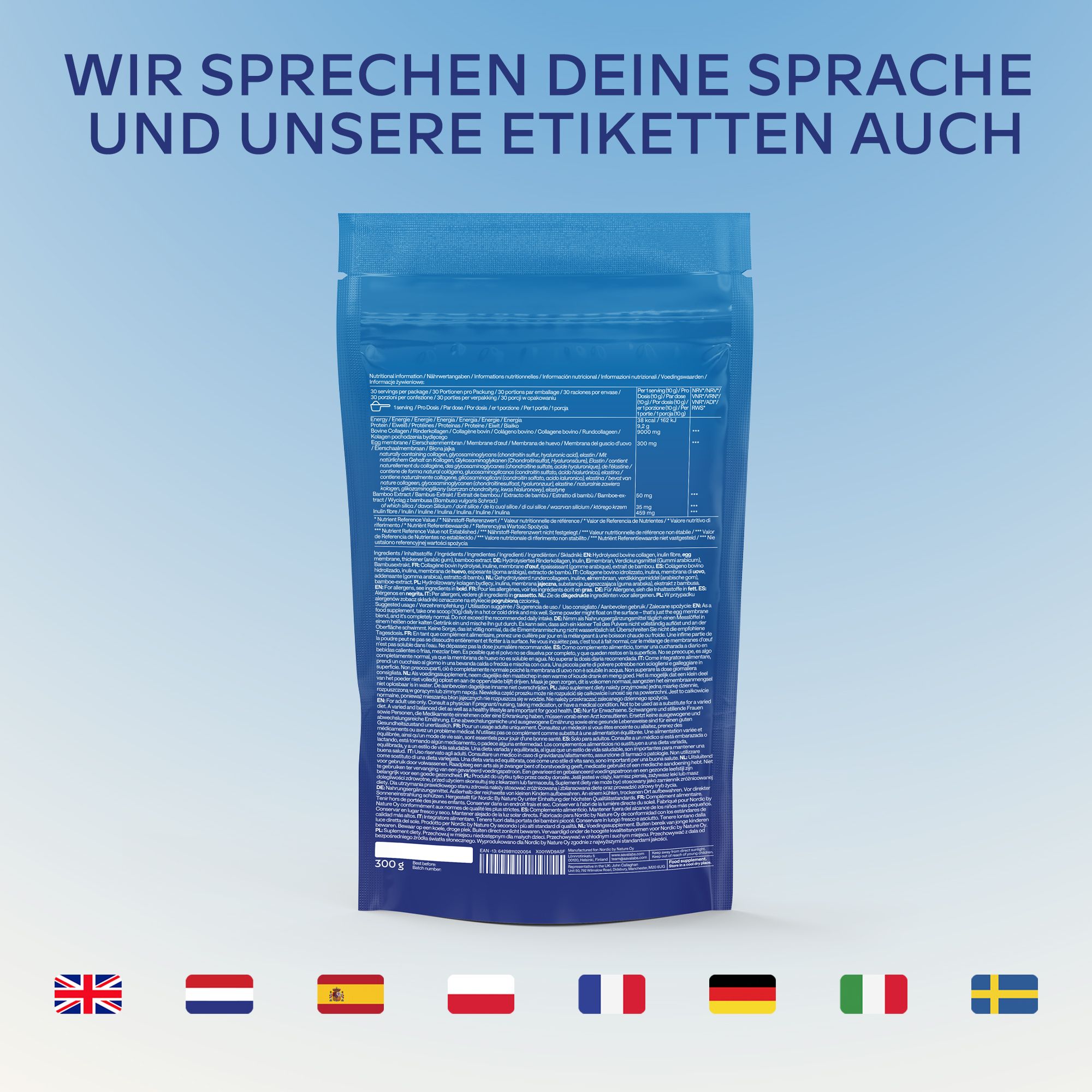 Rückseite der blauen Verpackung. Text: Nährwertangaben, Inhaltsstoffe, 9000 mg Kollagen, 300 mg Eimembran.