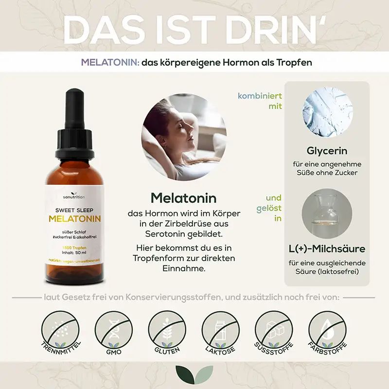 Produktinformationen. Flasche mit "Sweet Sleep Melatonin" neben Text. Inhaltsstoffe: Glycerin, L(+)-Milchsäure. Frei von Zusätzen.