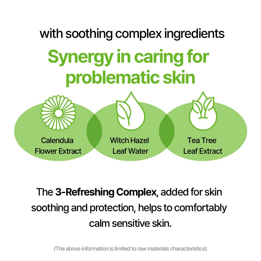 Drei ovale Grafiken mit Inhaltsstoffen: Calendula Flower Extract, Witch Hazel Leaf Water, Tea Tree Leaf Extract.