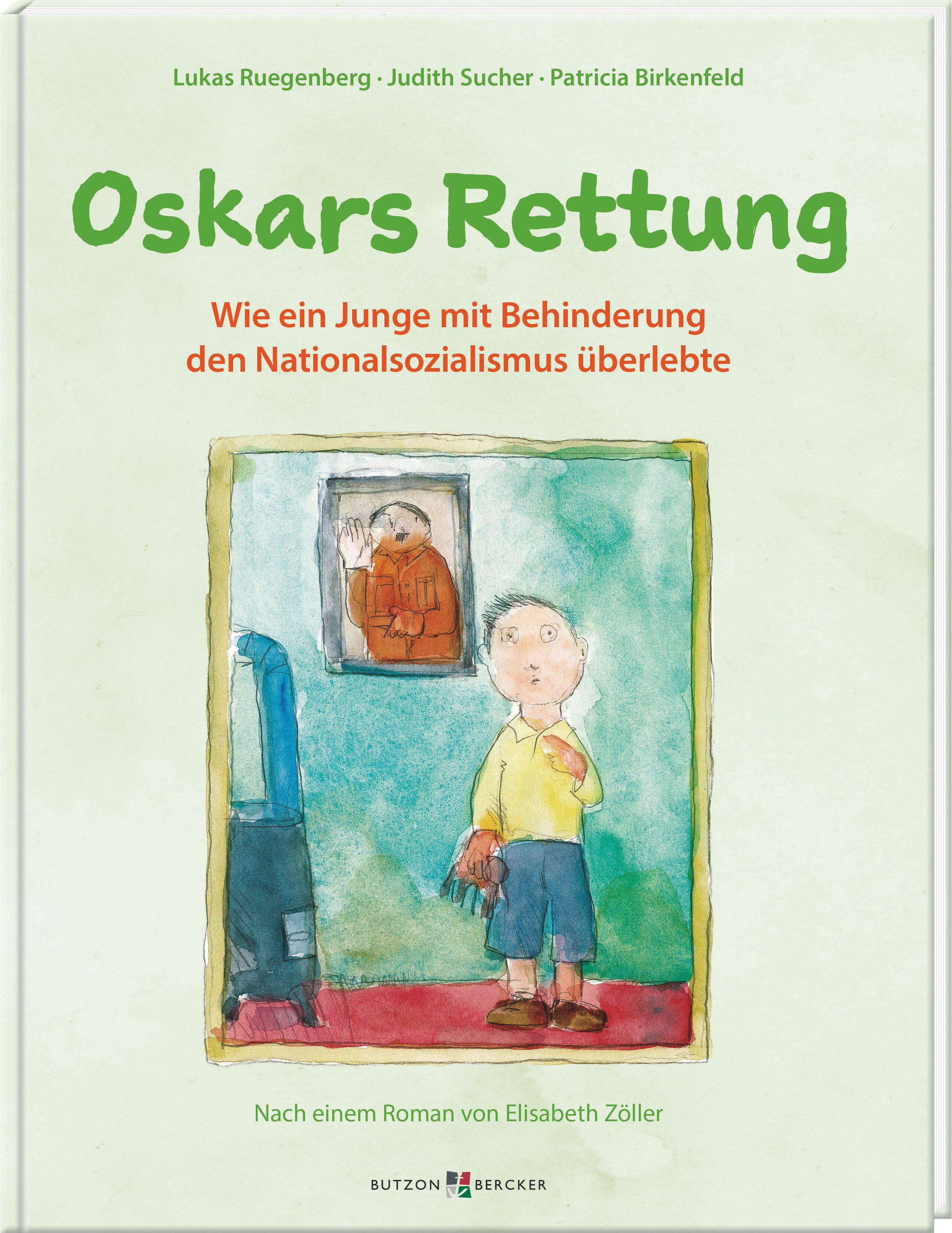 Buchcover mit Titel "Oskars Rettung". Illustration eines Jungen in einem Raum, im Hintergrund ein Bild. Autorennamen und Verlagslogo.
