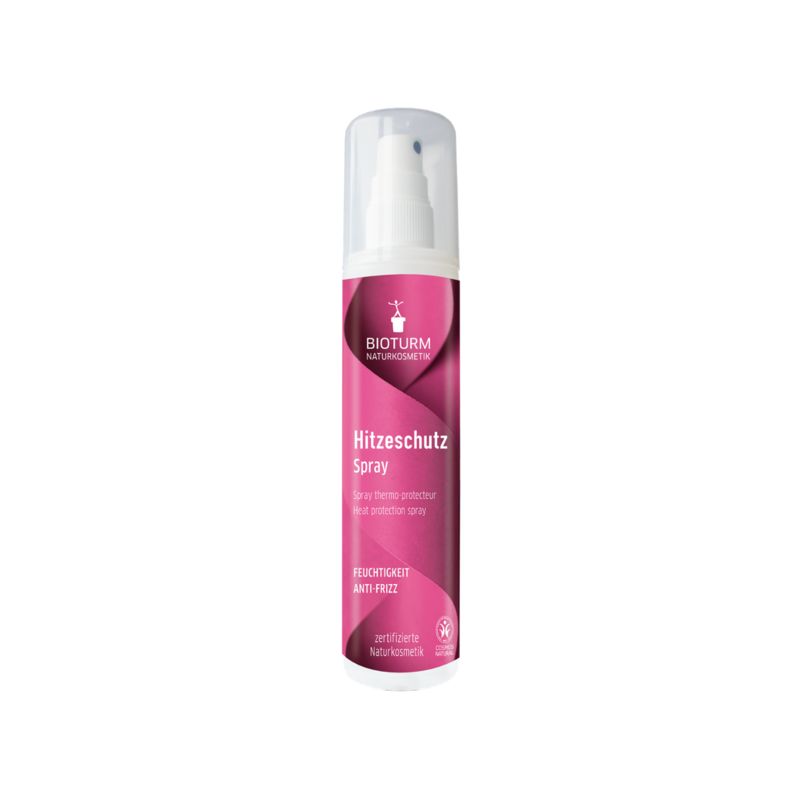 Hitzeschutzspray in einer Flasche mit Sprühkopf. Rosa-weißes Etikett mit Produktnamen und Logo.