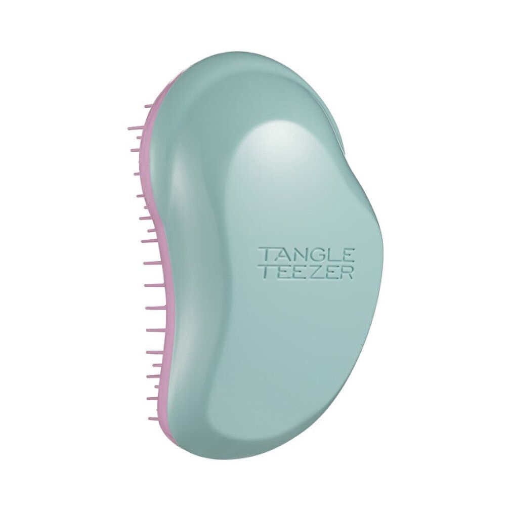 Haarbürste, türkis und rosa. Abgerundete Form mit Borsten. Marke: Tangle Teezer.