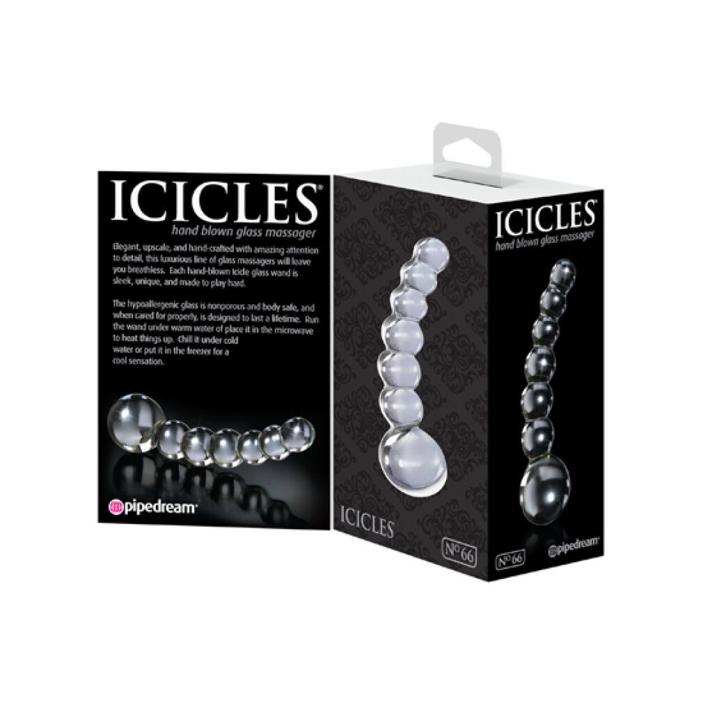 Produktverpackung mit Glasdildo. Aufschrift: ICICLES, hand blown glass massager. Marke: pipedream. Modell: No. 66.