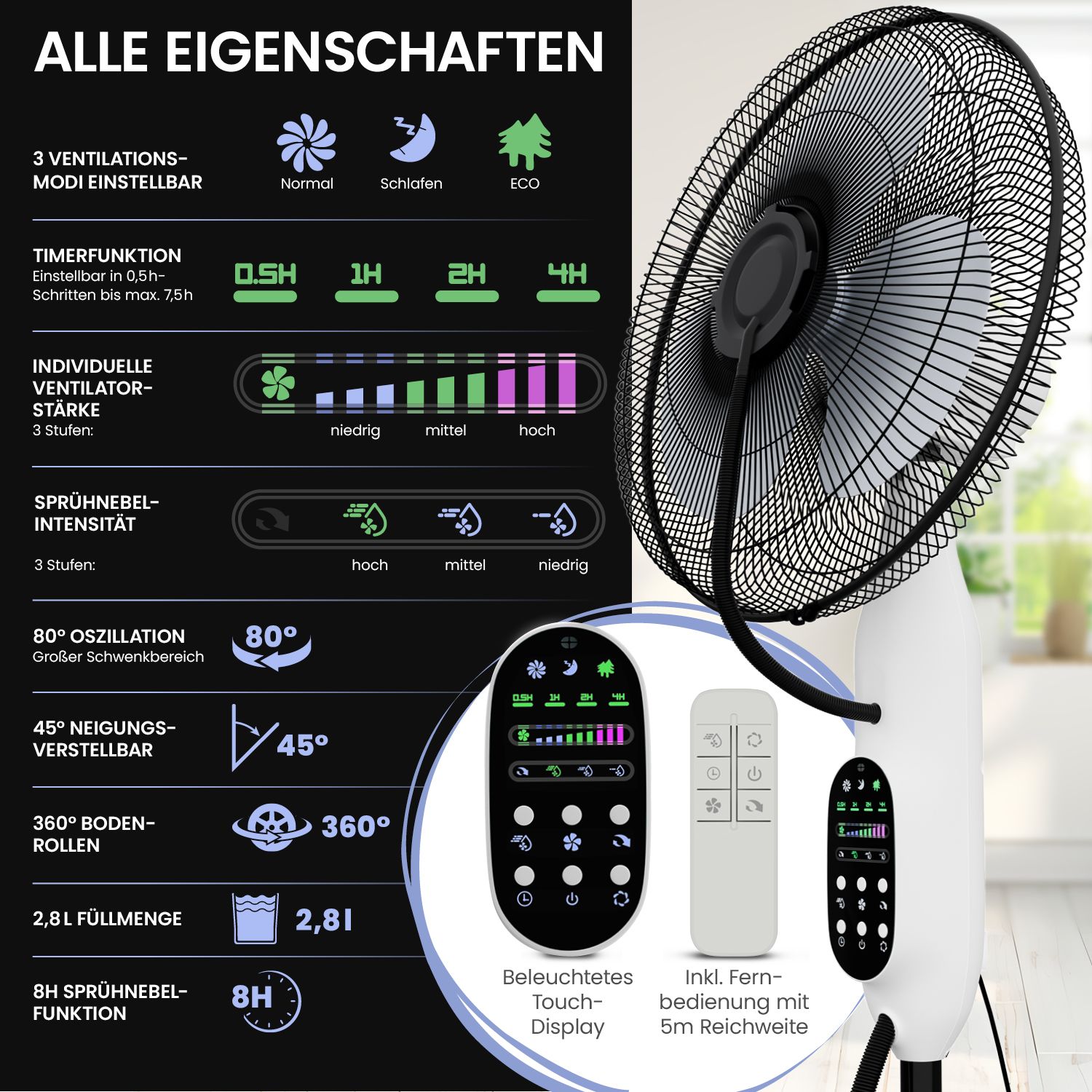 Standventilator mit Touch-Display und Fernbedienung. Funktionen: Timer, Oszillation, 3 Ventilationsmodi, 3 Sprühnebel-Intensitäten.
