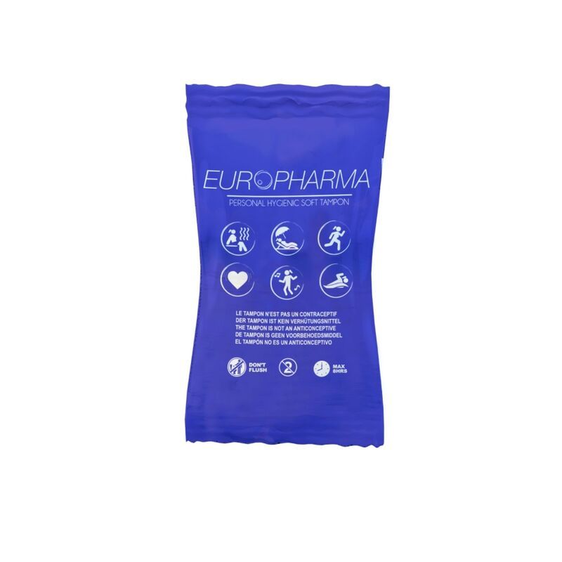 Verpackung mit Europharma Tampons. Blaue Verpackung. Enthält Tampons. Text: Personal Hygienic Soft Tampon.