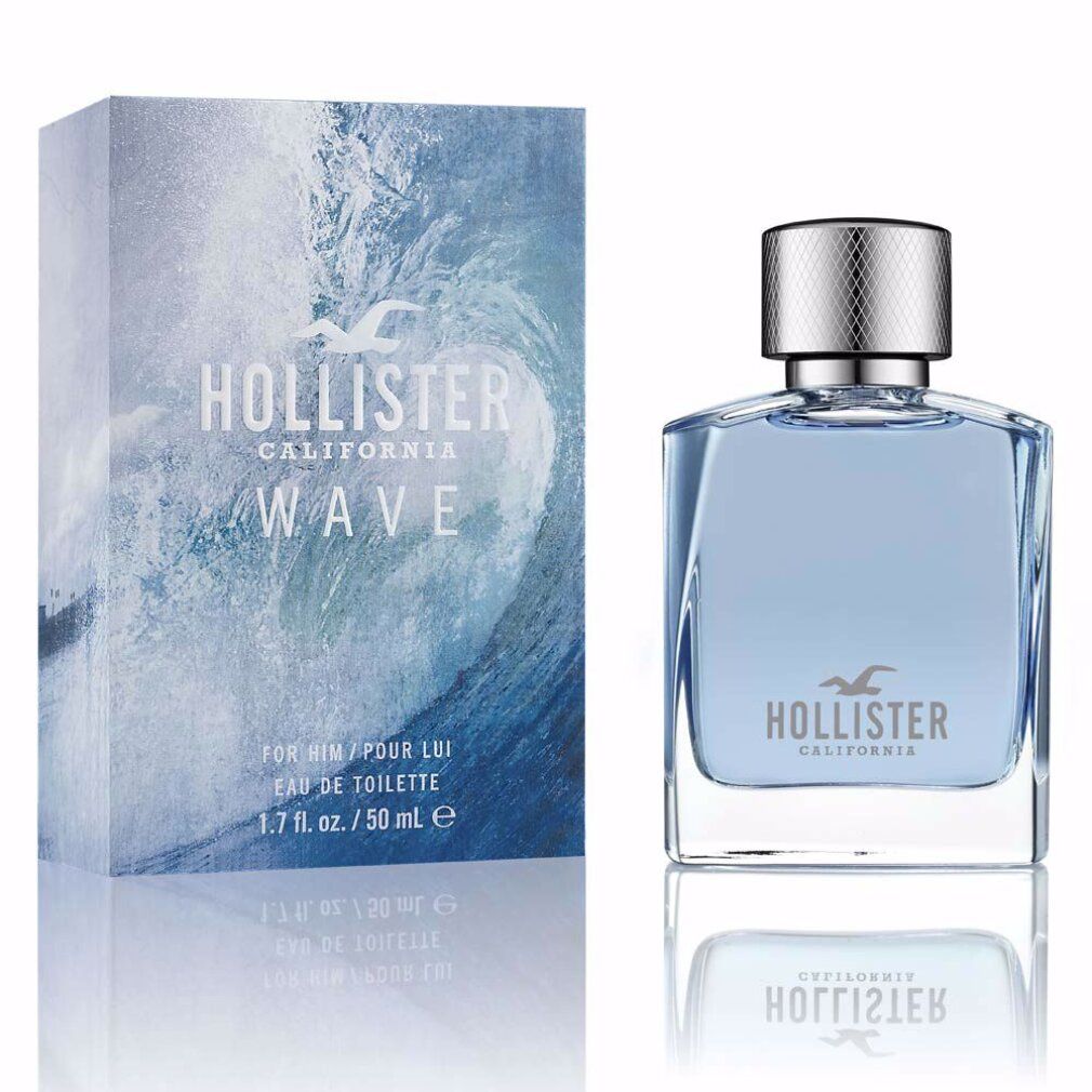 Hollister Wave Eau de Toilette und Verpackung. Flakon mit silbernem Deckel. Verpackung mit blauem Wellenmuster.