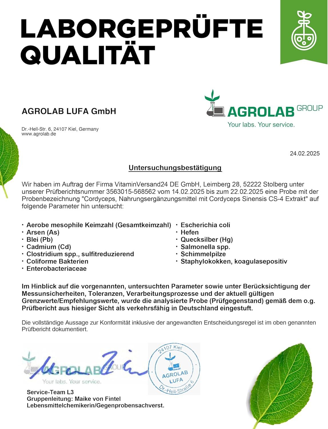 Laborbericht von Agrolab LUFA GmbH. Bestätigung der Analyse von Cordyceps Sinensis CS-4 Extrakt. Enthält Testergebnisse.