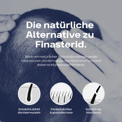 Text: Die natürliche Alternative zu Finasterid. Illustrationen: Haarwurzeln, dichtes Haar, Haarbruch.
