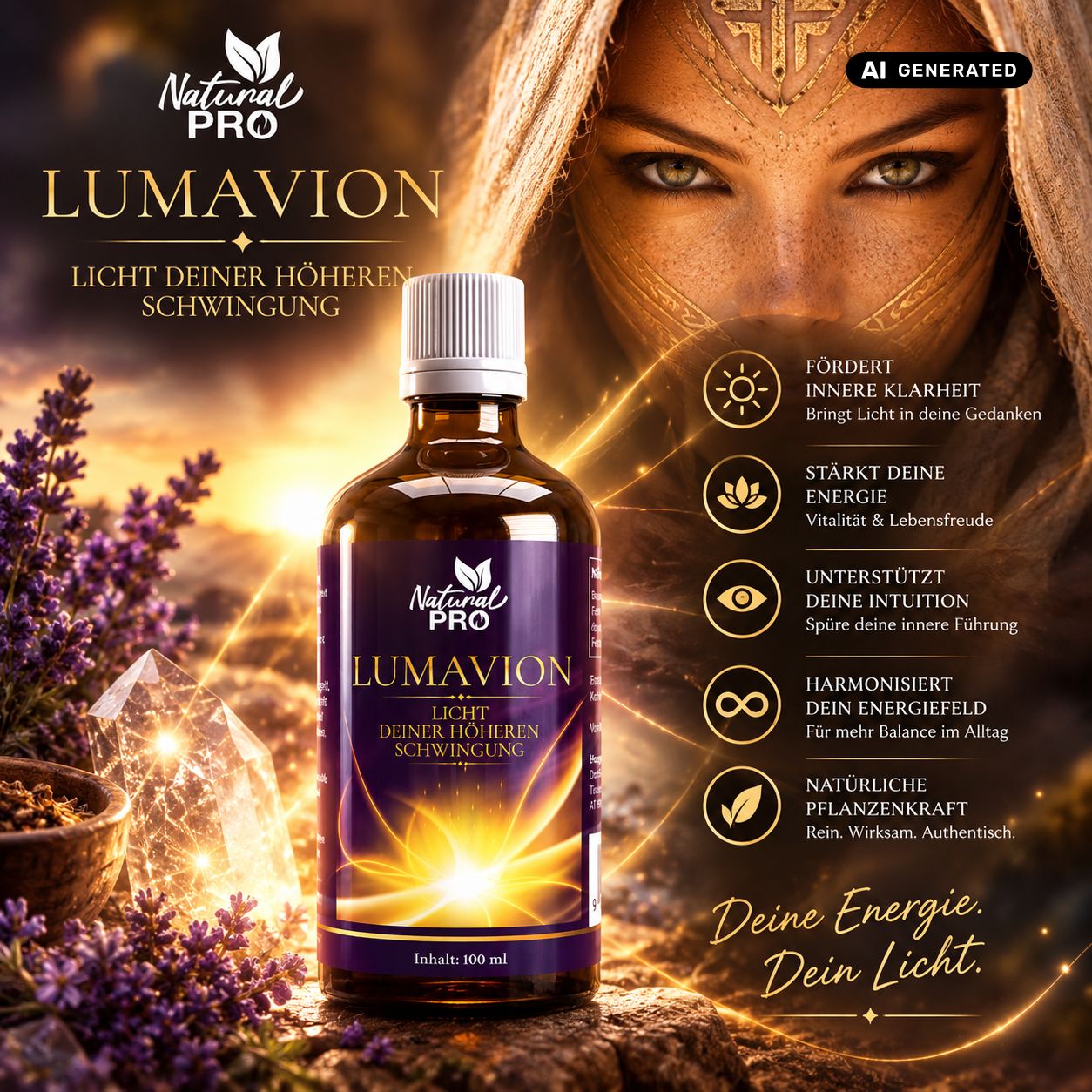 Dunkelbraune Glasflasche mit Lumavion Essenz, umgeben von Lavendel und Kristallen. Das Etikett zeigt goldene Lichtstrahlen und Produktvorteile.