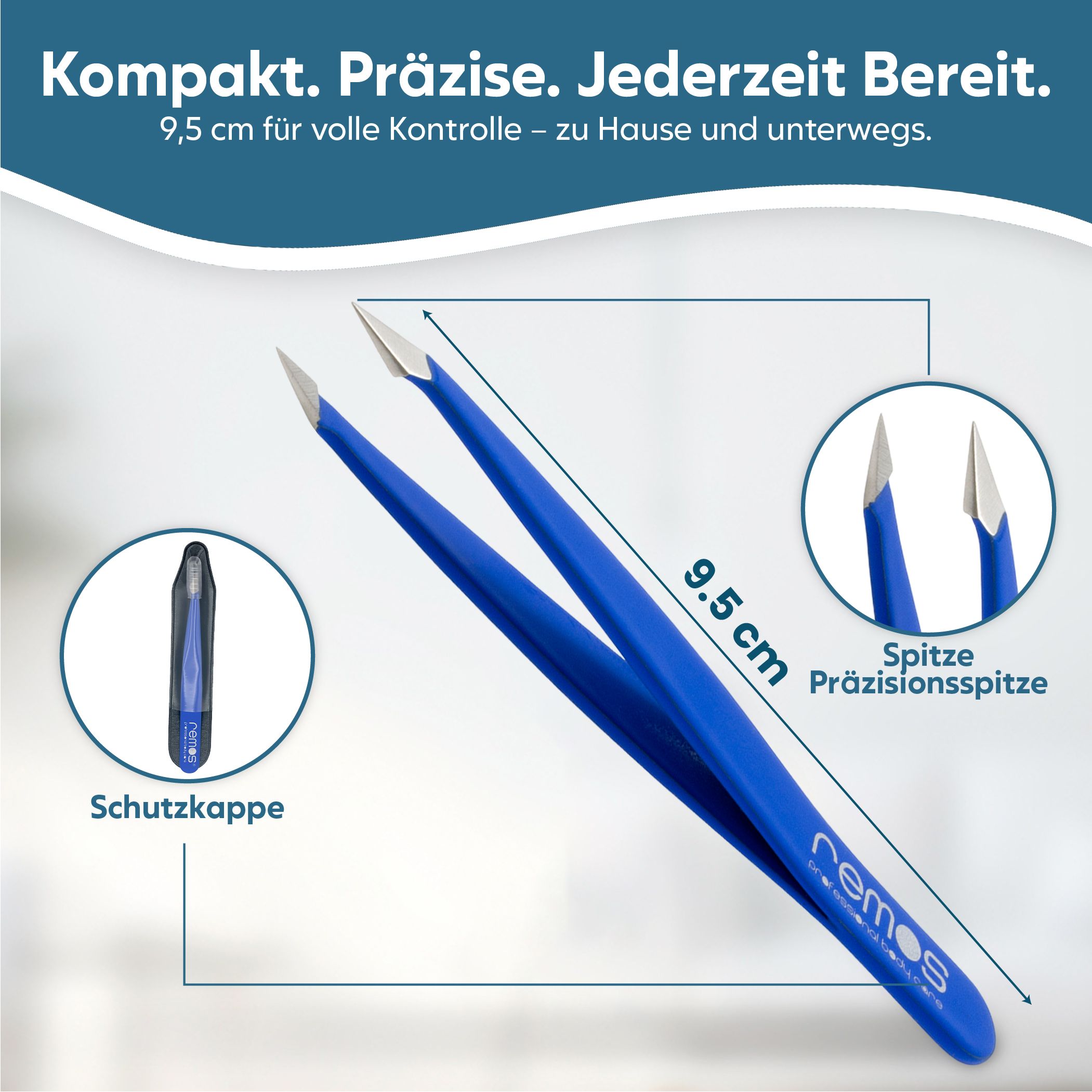 Blaue Pinzette, 9,5 cm lang, mit Schutzhülle und Präzisionsspitzen.