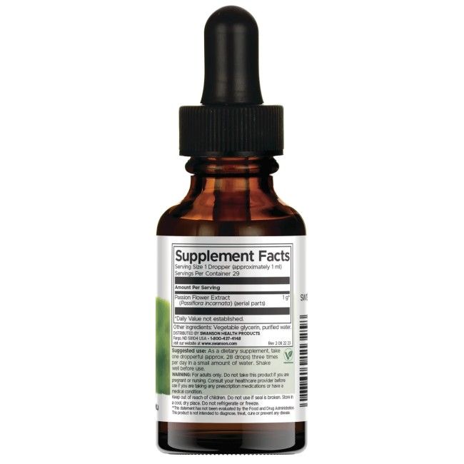 Rückseite der Swanson Passion Flower Flüssigextrakt Flasche mit Nährwertangaben.