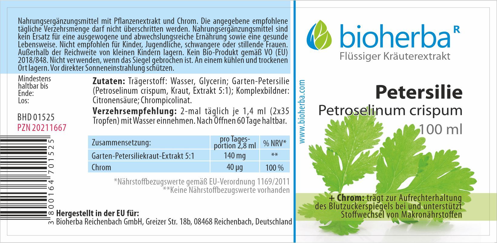 Etikett mit Produktinformationen. Enthält Petersilie-Extrakt, Chrom. Text in deutscher Sprache. Marke: Bioherba.
