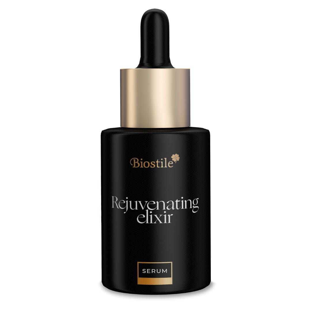 Biostile Rejuvenating Elixir Serum in schwarzer Glasflasche mit Pipette und goldenem Verschluss.
