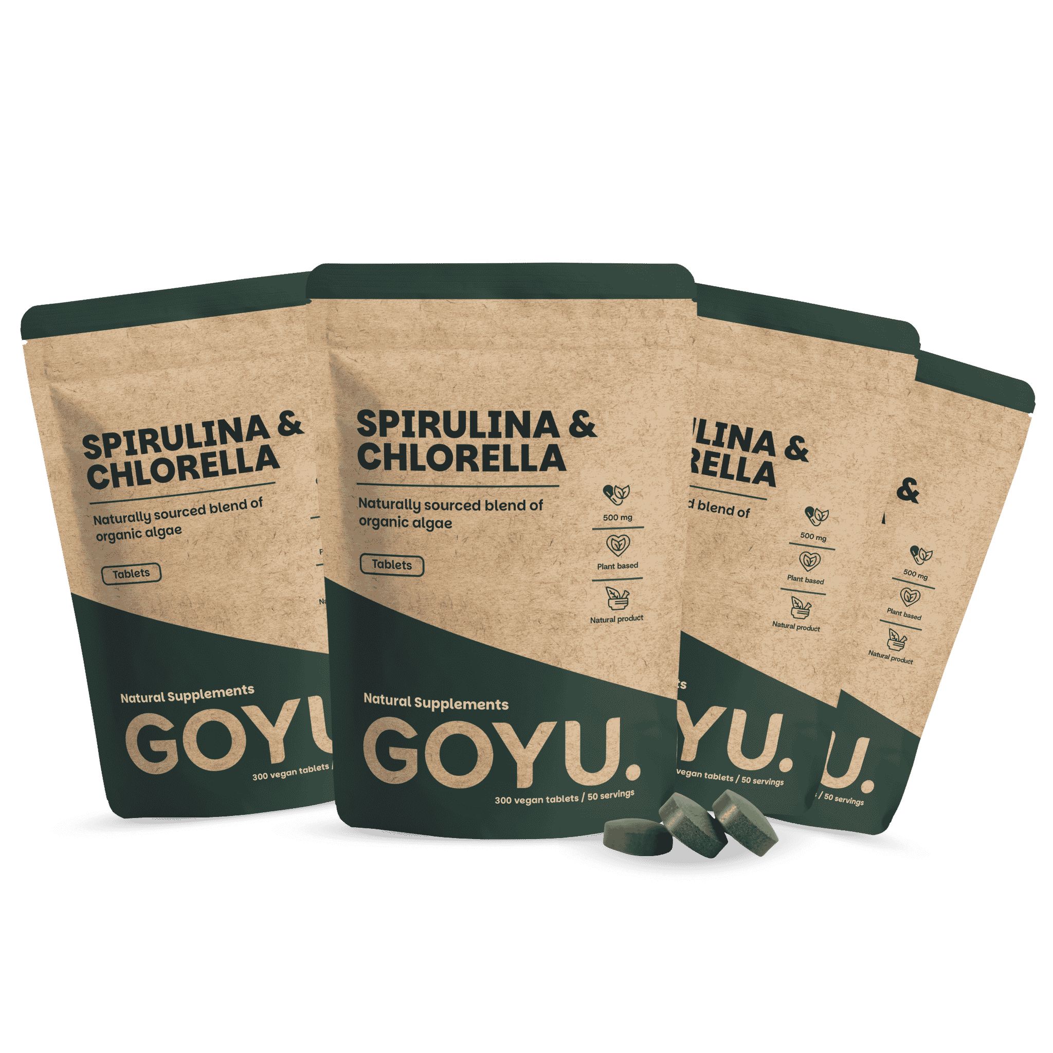 Vier Packungen GOYU Spirulina & Chlorella Tabletten, 300 vegane Tabletten pro Packung.