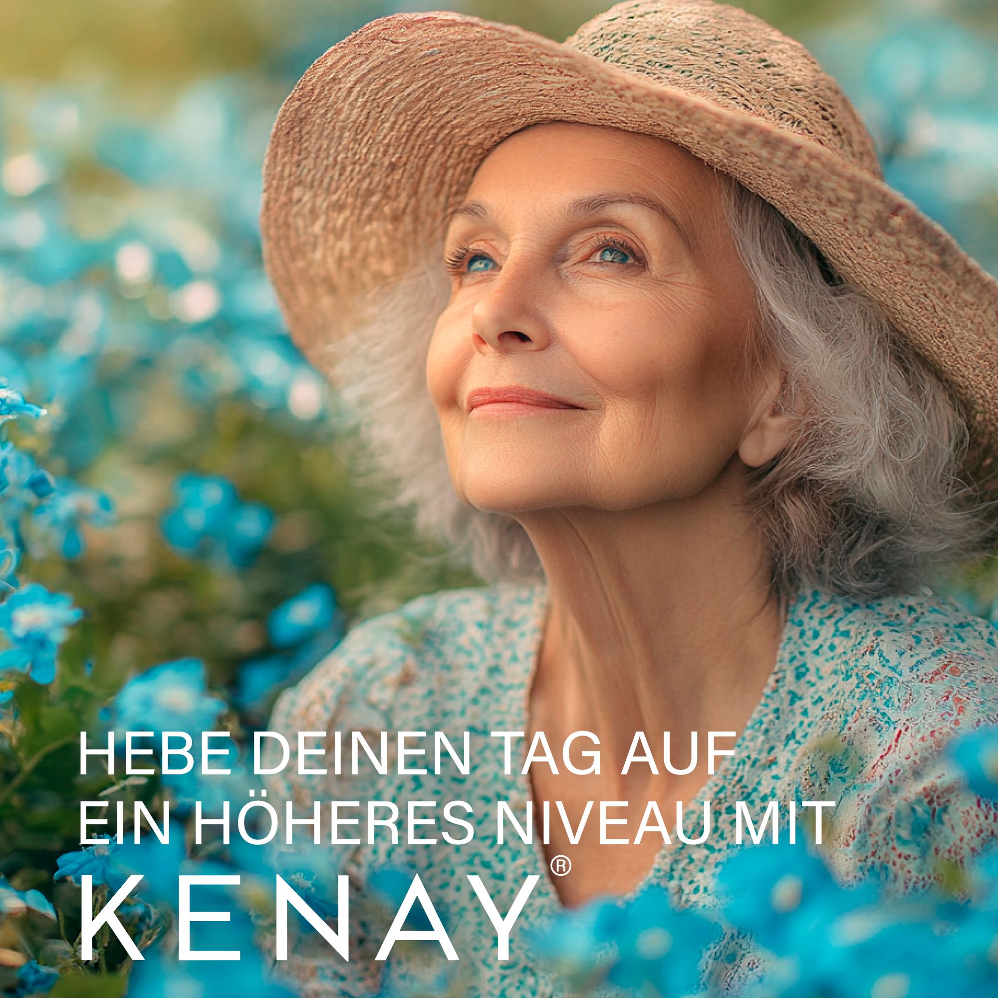 Ältere Frau mit Hut in einem Blumenfeld. Text: HEBE DEINEN TAG AUF EIN HÖHERES NIVEAU MIT KENAY.