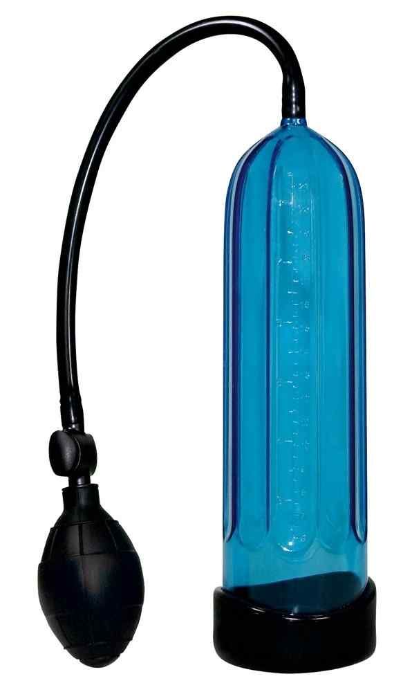 Blaue Penis-Pumpe mit schwarzem Balg und Schlauch, mit Skala.