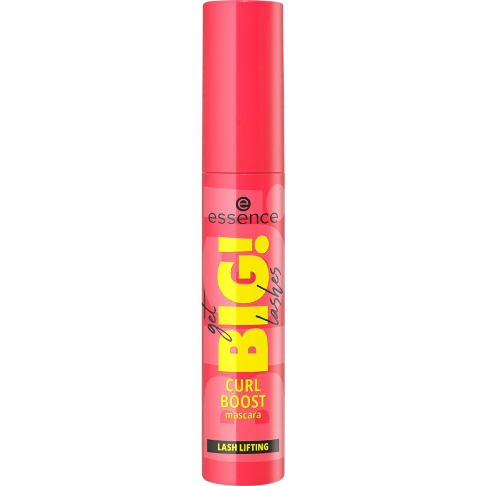Rote Mascarahülse mit gelbem Schriftzug "BIG! lashes". Text: "CURL BOOST mascara" und "LASH LIFTING". Marke: Essence.