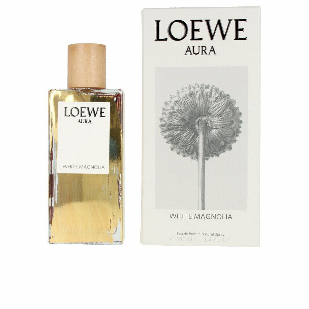 Parfümflakon und Verpackung. Auf dem Etikett steht LOEWE AURA White Magnolia. Verpackung mit Blume.