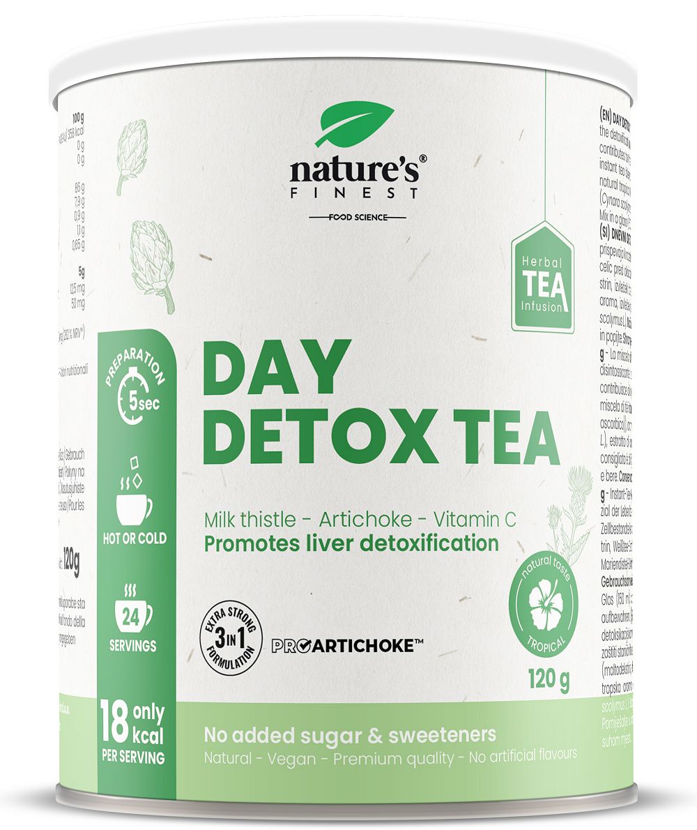 Runde Dose mit grünem Etikett. Aufschrift: Nature's Finest Day Detox Tea. Enthält 120g, 24 Portionen. Kräutertee-Infusion.