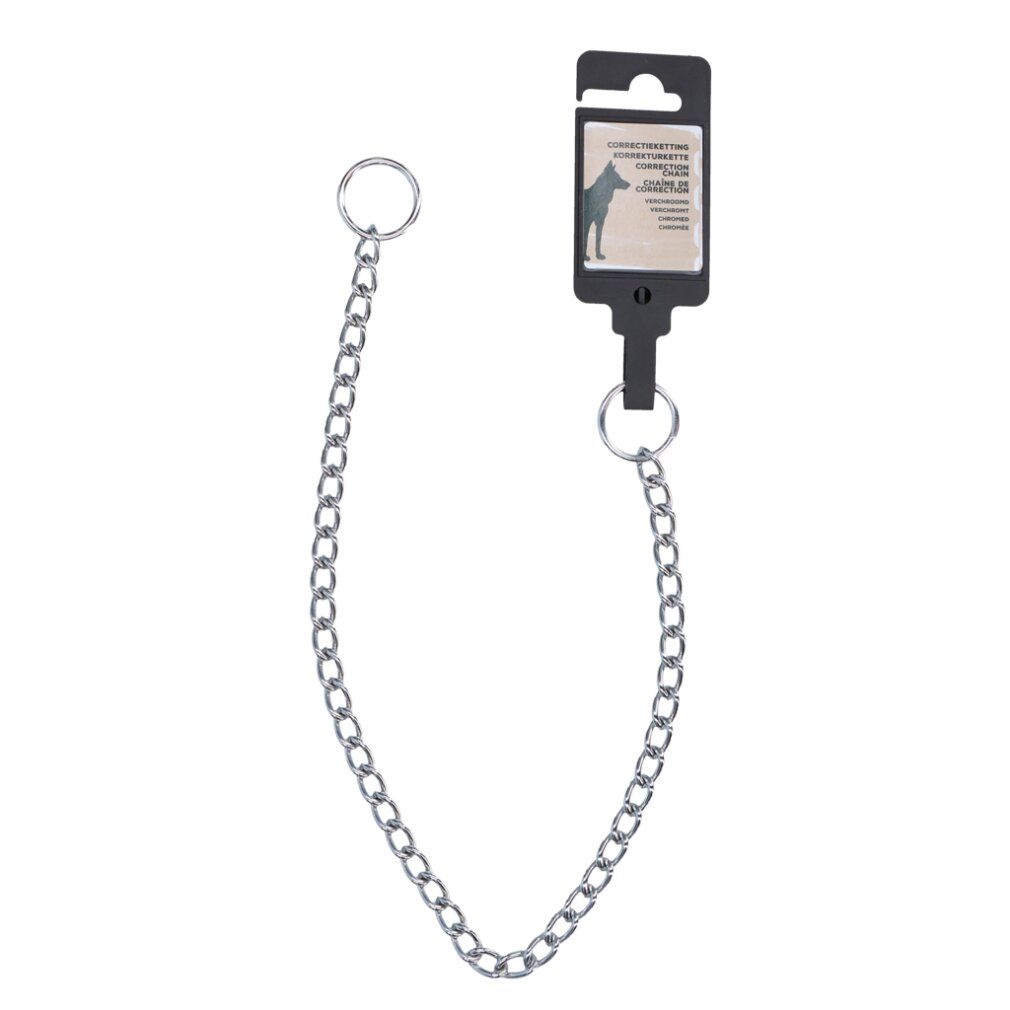 Verchromte Korrekturkette. Metallkette mit Gliedern, verbunden mit Ringen. Schwarze Aufhängung mit Produktinformationen.