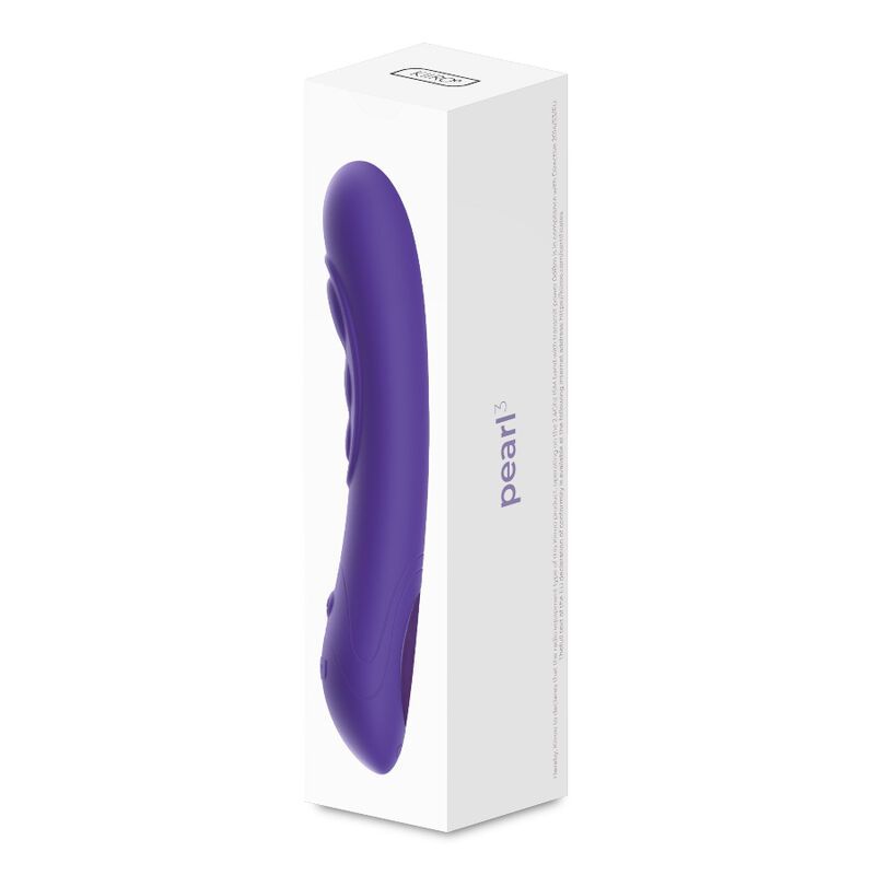 Lila Vibrator in seiner weißen Produktverpackung mit dem Namen 'Pearl'.