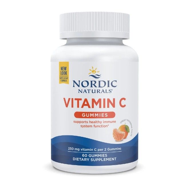 Weiße Flasche mit Schraubverschluss. Aufkleber mit Produktnamen und Text: Vitamin C Gummies. Enthält 60 Gummies.