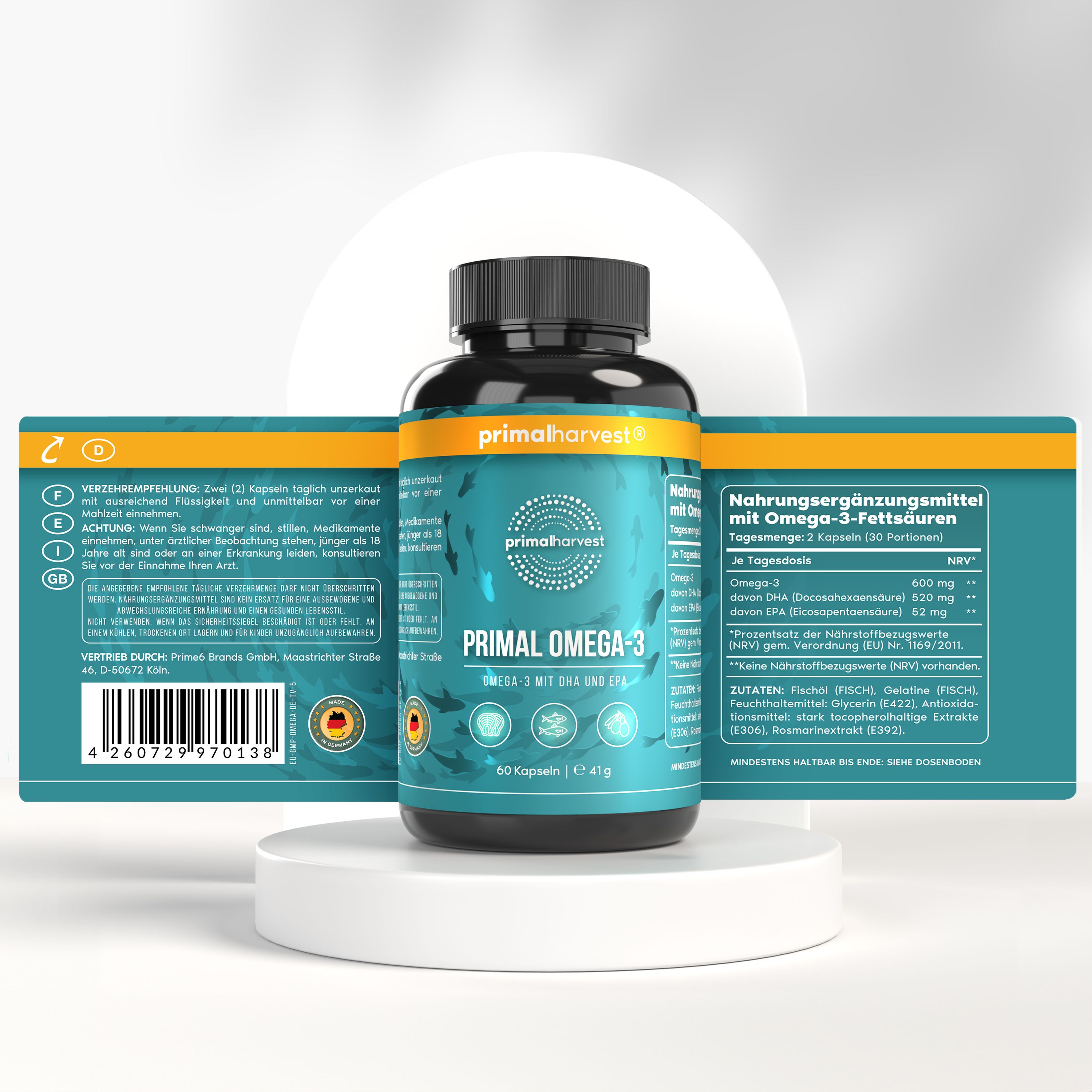 Produktflasche mit Etikett. "Primal Omega-3" und Informationen. Auf weißem Podest. Hintergrund mit Text.