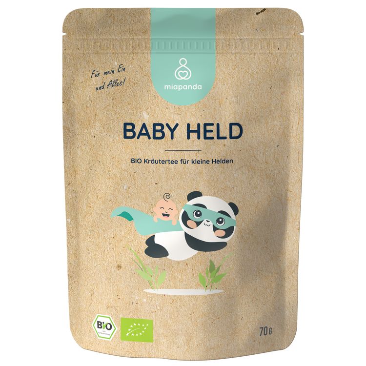 Beutel miapanda Baby Held, BIO Kräutertee. Aufdruck mit Panda-Illustration und Text. BIO-Siegel und Gewichtsangabe.