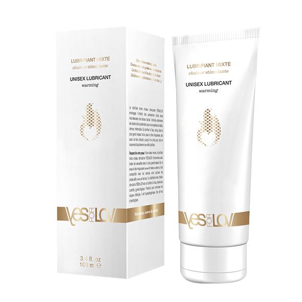 Produktverpackung und Tube. Verpackung weiß mit Goldakzenten. Tube mit Aufschrift YESforLOV. Text: Unisex Lubricant warming.
