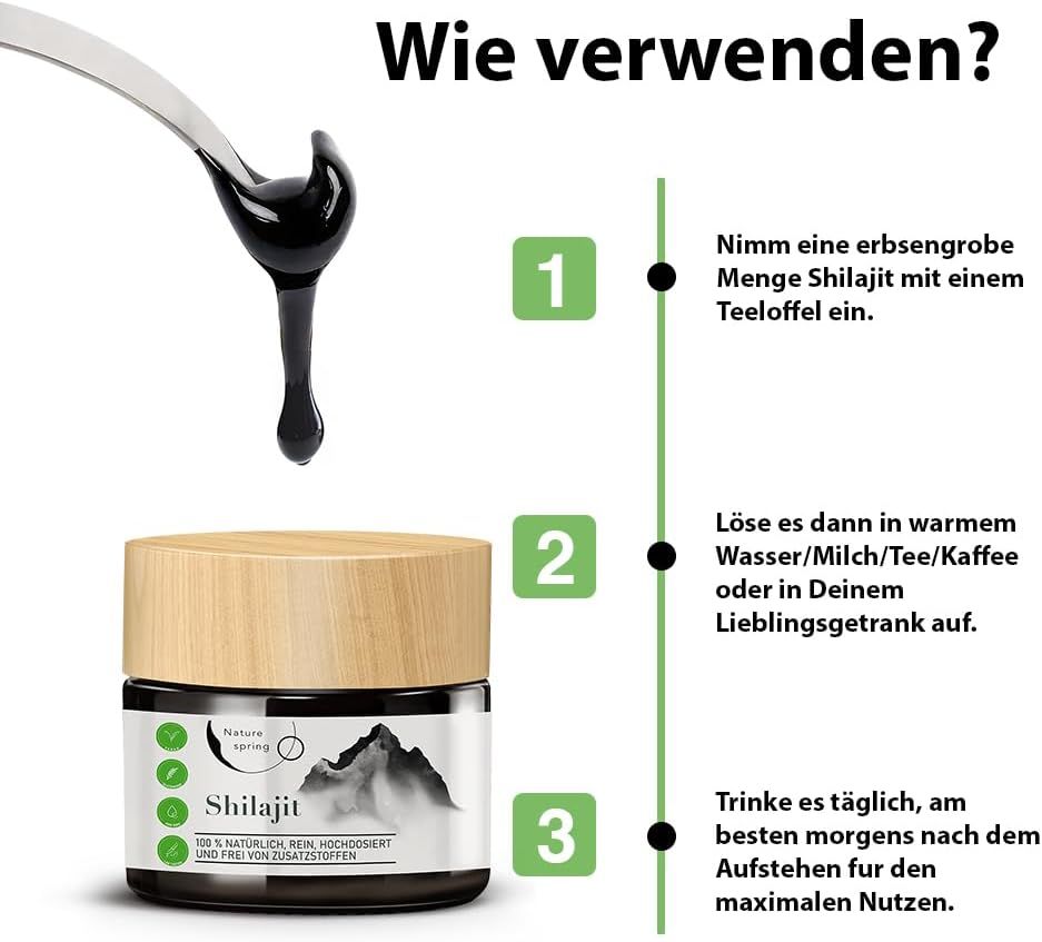 Löffel mit Shilajit-Harz. Anweisungen: 1. Shilajit mit Löffel. 2. In warmem Wasser/Milch/Tee/Kaffee auflösen. 3. Täglich trinken für maximalen Nutzen.