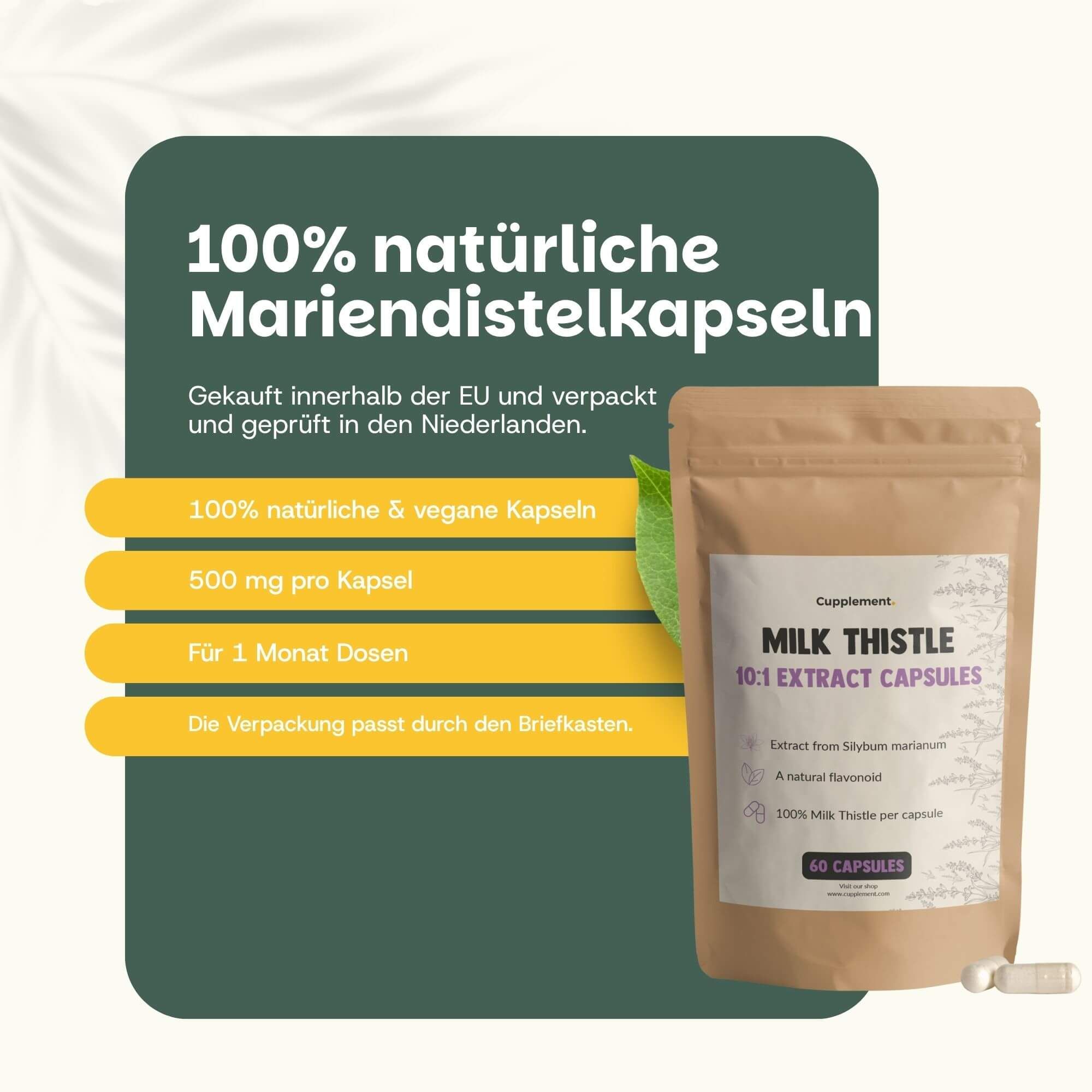Beutel mit Kapseln. Text: 100% natürliche Mariendistelkapseln. 500 mg pro Kapsel. Für 1 Monat Dosen. Passt durch den Briefkasten.
