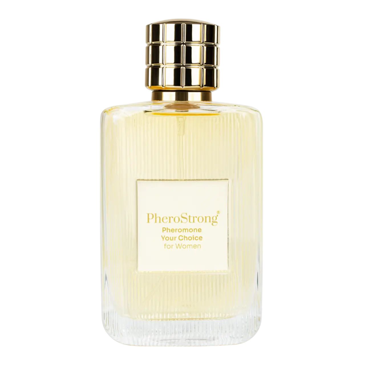 Parfümflasche mit goldfarbenem Verschluss. Auf dem Etikett steht PheroStrong Pheromone Your Choice für Frauen.