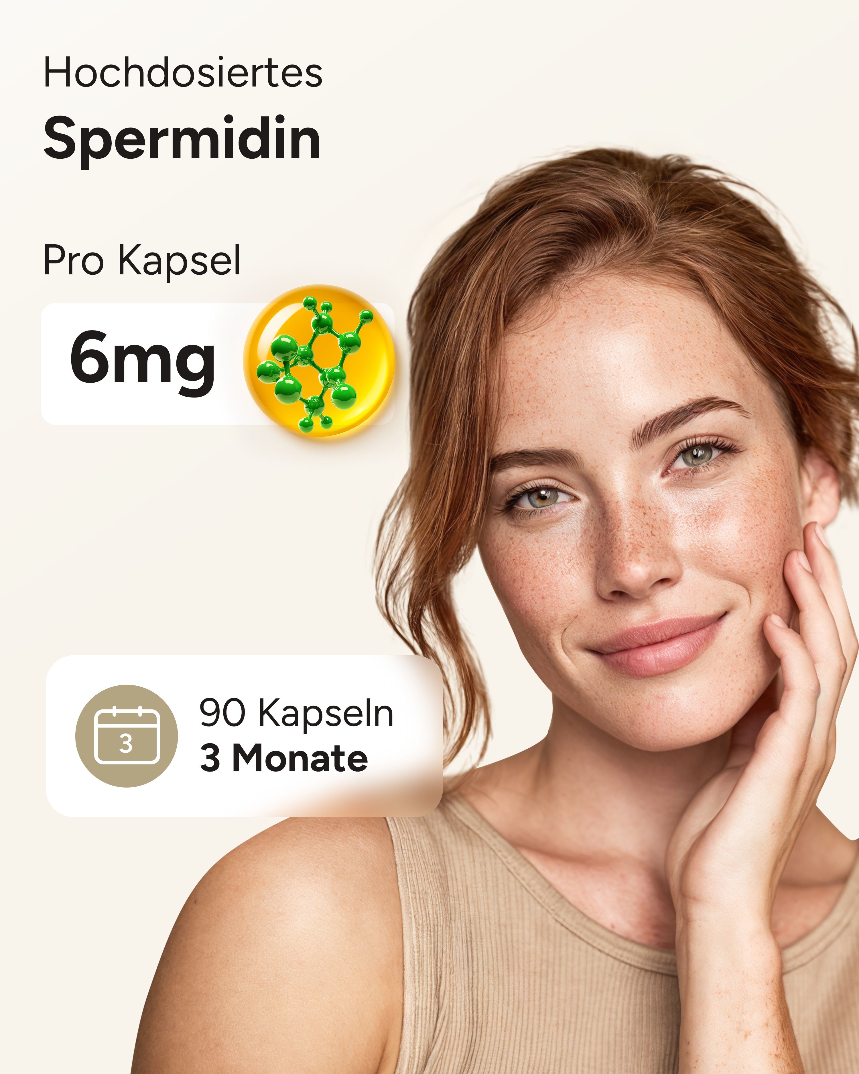 Frau mit Spermidin-Kapsel-Grafik. Text: Hochdosiertes Spermidin, 6mg pro Kapsel, 90 Kapseln, 3 Monate.