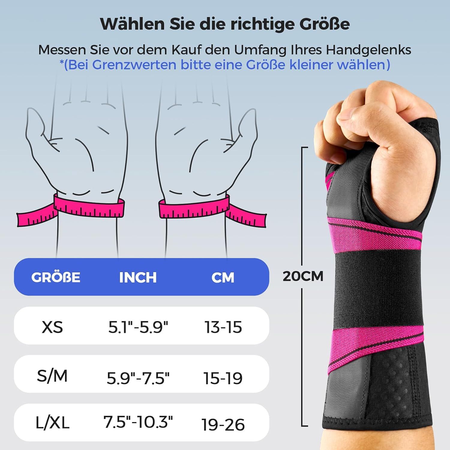 Größentabelle für eine Handgelenkbandage, zeigt Maße in Inch und cm.