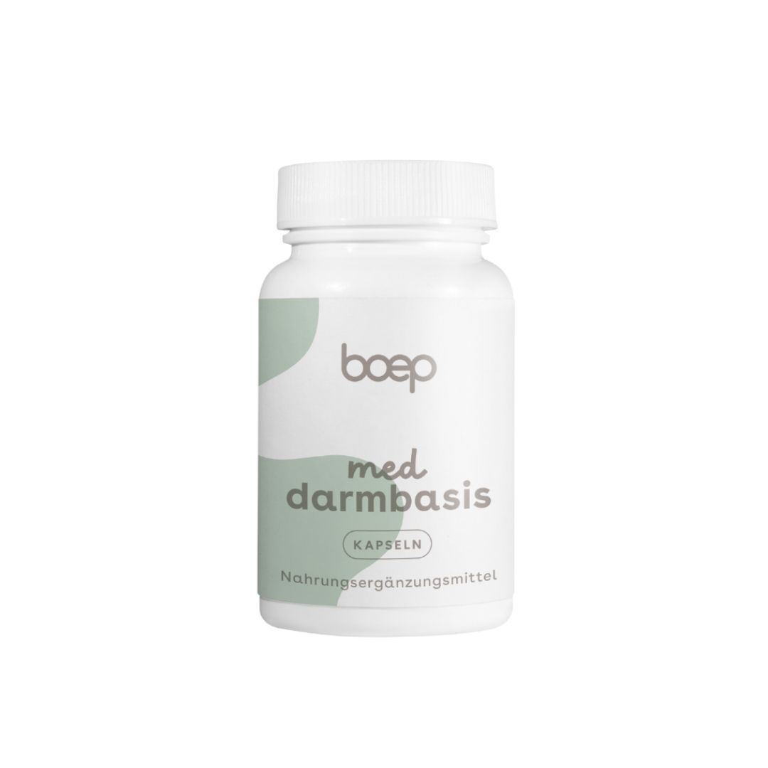 Weiße Dose mit boep med darmbasis Kapseln. Nahrungsergänzungsmittel.