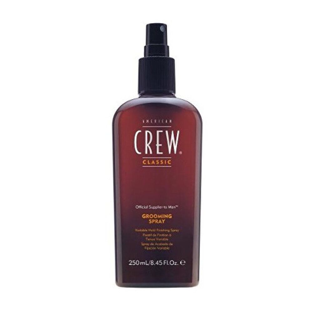 Braune Flasche mit schwarzem Sprühkopf. Aufschrift: AMERICAN CREW, Classic, Grooming Spray. Volumen: 250ml / 8.45 fl oz.