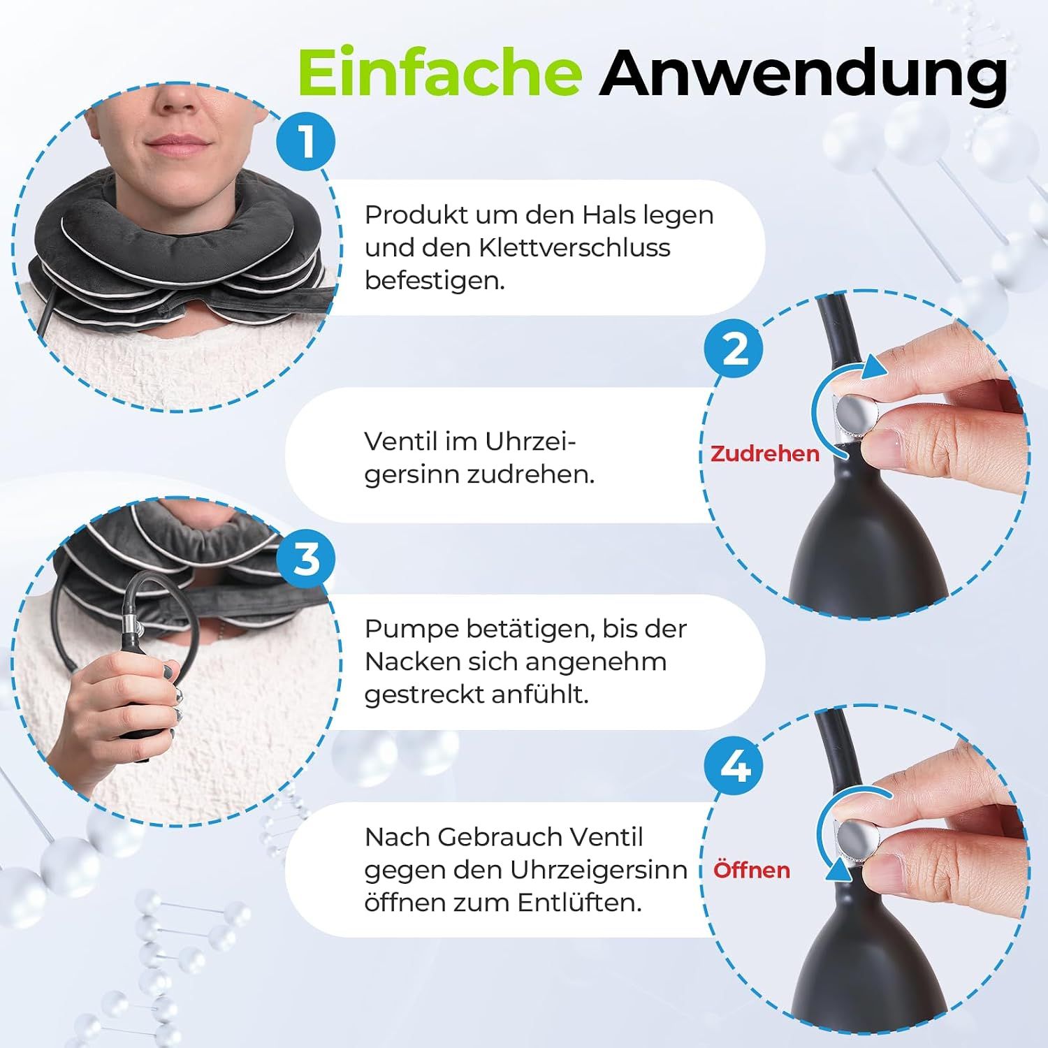 Anleitung zur Anwendung eines aufblasbaren Nackenkissens in vier Schritten.