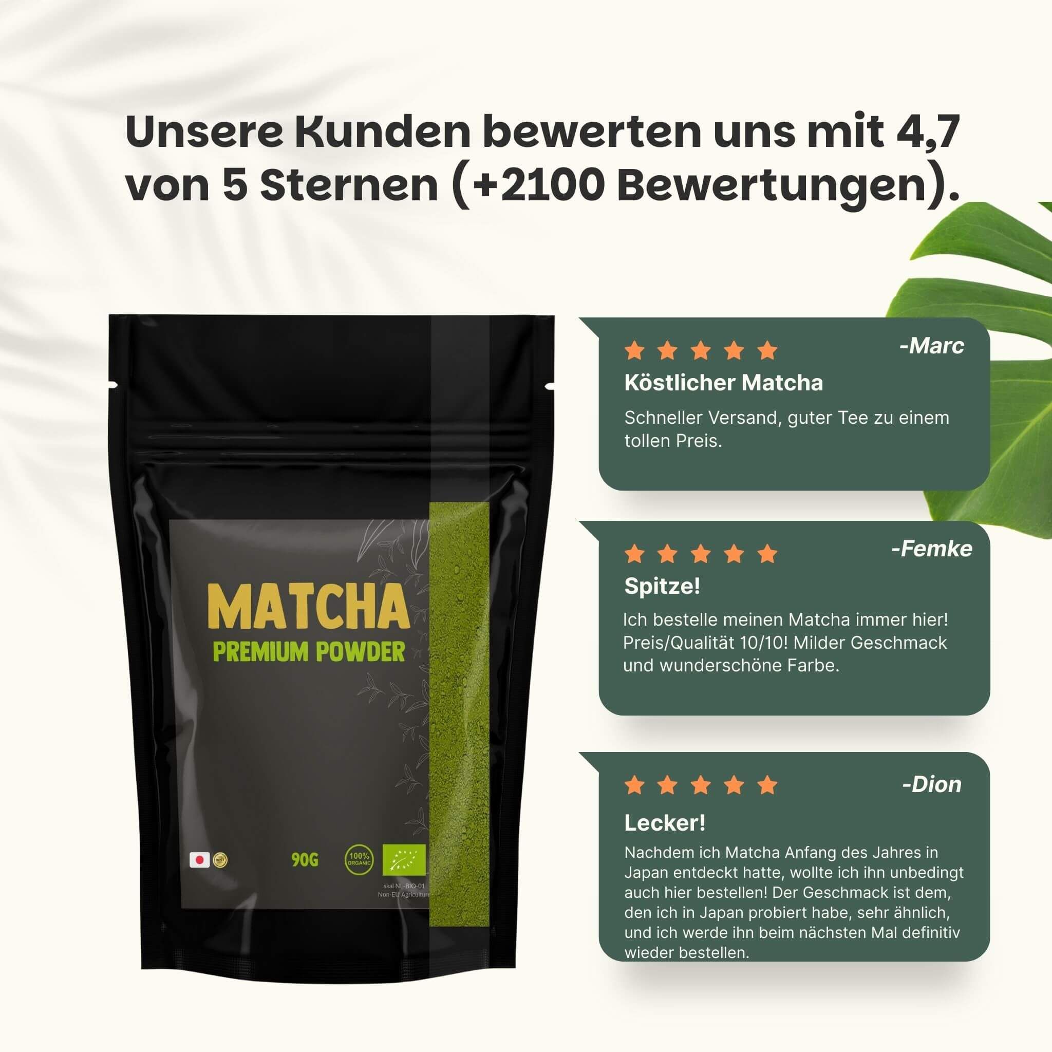 Schwarzer Beutel mit „Matcha Premium Powder“-Aufdruck. 90g, japanische Flagge, Bio-Siegel. Kundenbewertungen.