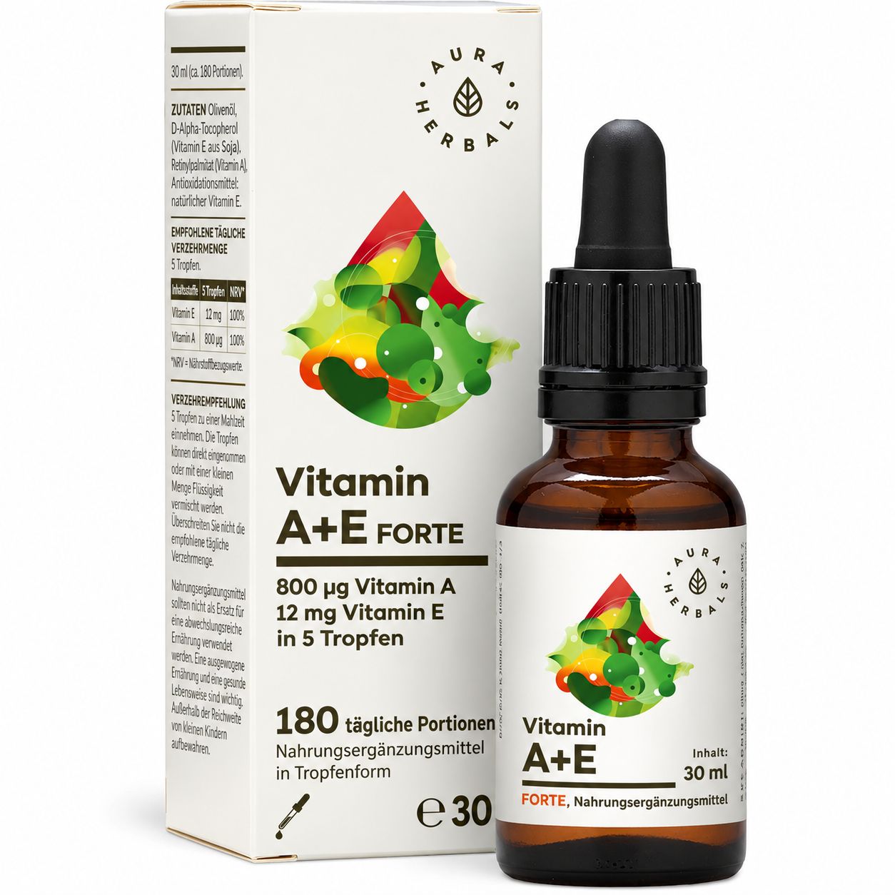 Aura Herbals Vitamin A+E FORTE Tropfenflasche und Verpackung. 30 ml.