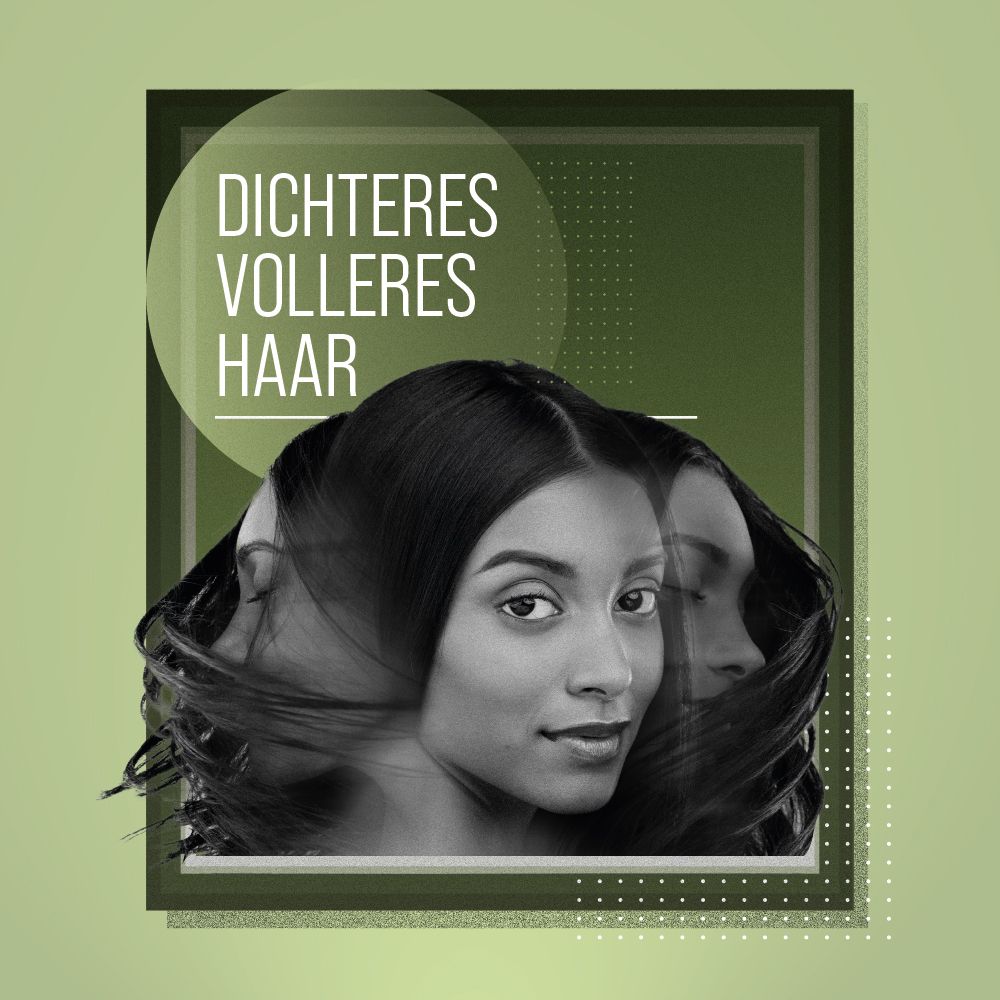 Werbung für Basilikum-Extrakt-Haarkur. Frau mit vollem Haar, Text: Dichteres, volleres Haar.