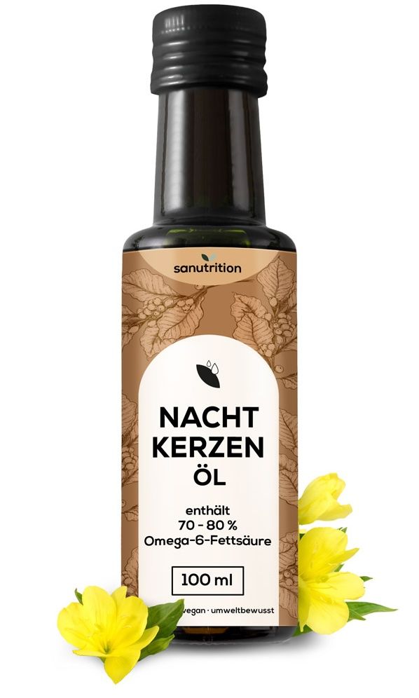 Braune Glasflasche mit schwarzem Deckel. Etikett mit Produktbezeichnung und floralen Elementen. Gelbe Blüten daneben. Text: Nachtkerzenöl, 100 ml.