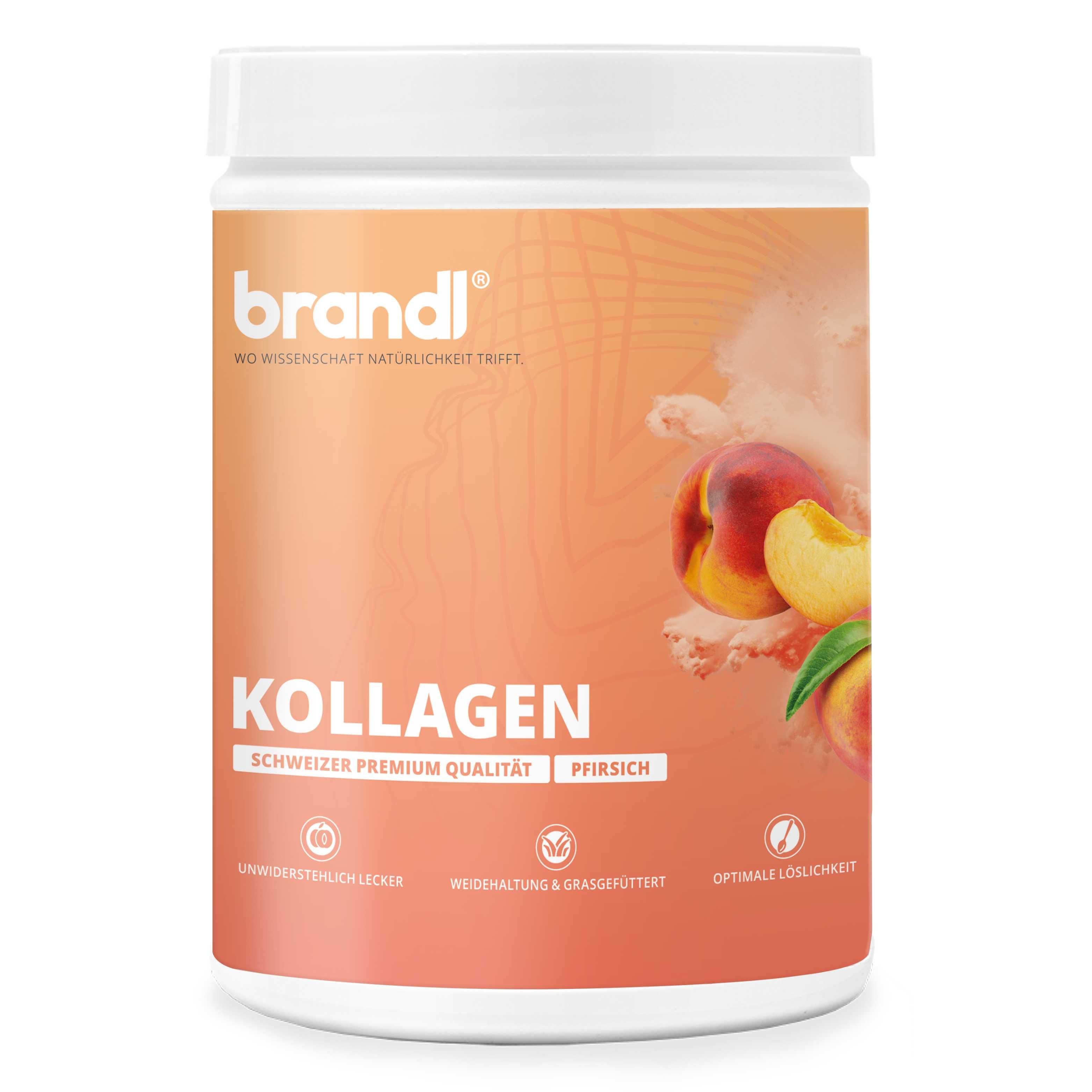 Weißes Produktglas mit Pfirsich-Illustration und Schriftzug KOLLAGEN. Marke: brandl®.