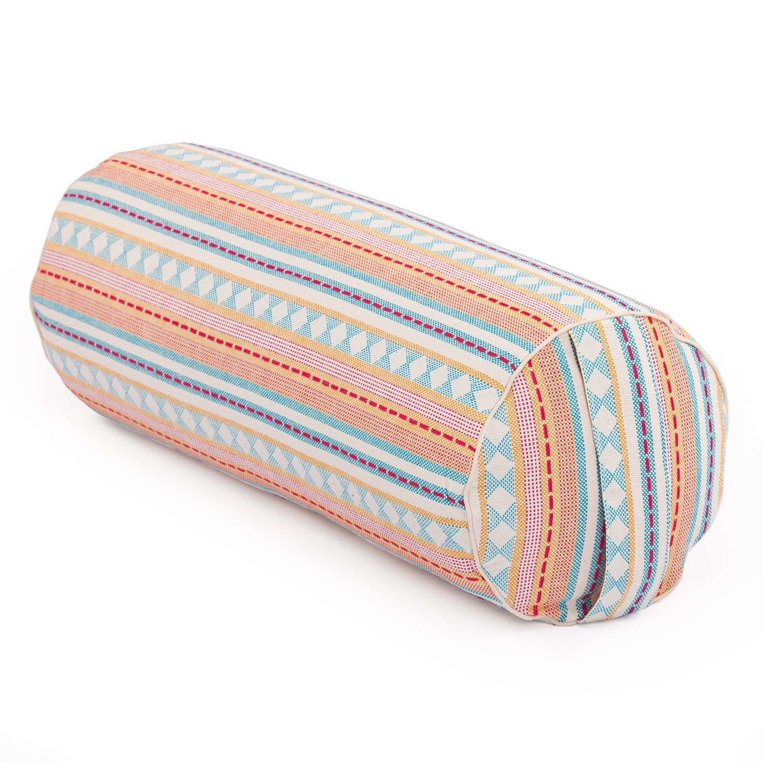 Yoga-Bolster, apricot-hellblaues Jacquard-Webstoff. Zylindrisch, schräg gestellt. Gestreiftes Muster mit Diamanten.