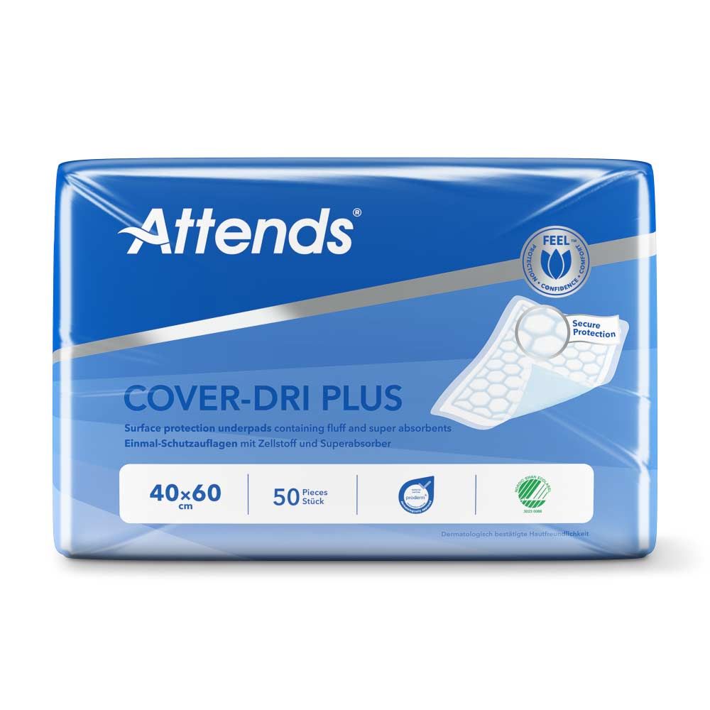 Blau verpackte Attends Cover-Dri Plus Unterlagen. Größe 40x60 cm, 50 Stück. Mit Logo und Produktbezeichnung.