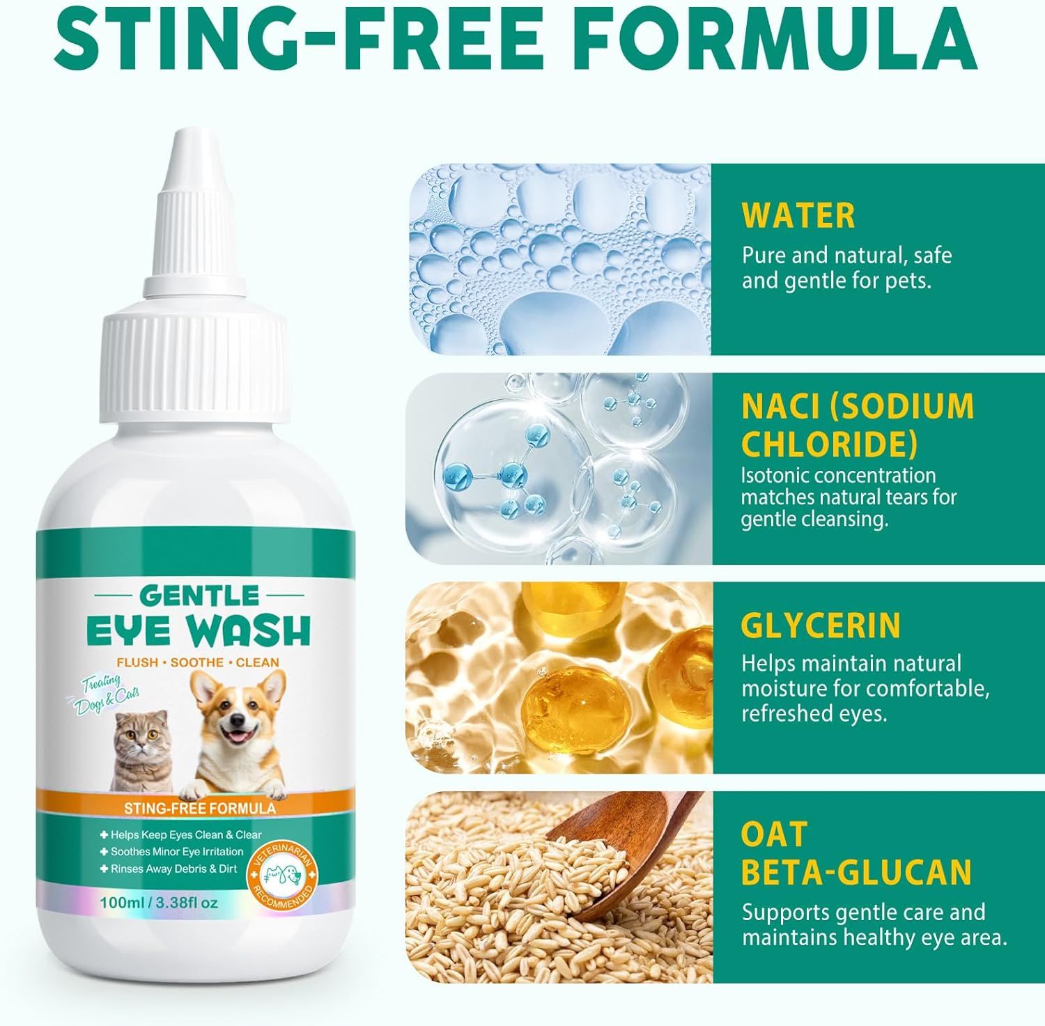 Augenwaschflasche mit Inhaltsstoffen: Wasser, Natriumchlorid, Glycerin, Hafer-Beta-Glucan. Text: Gentle Eye Wash.