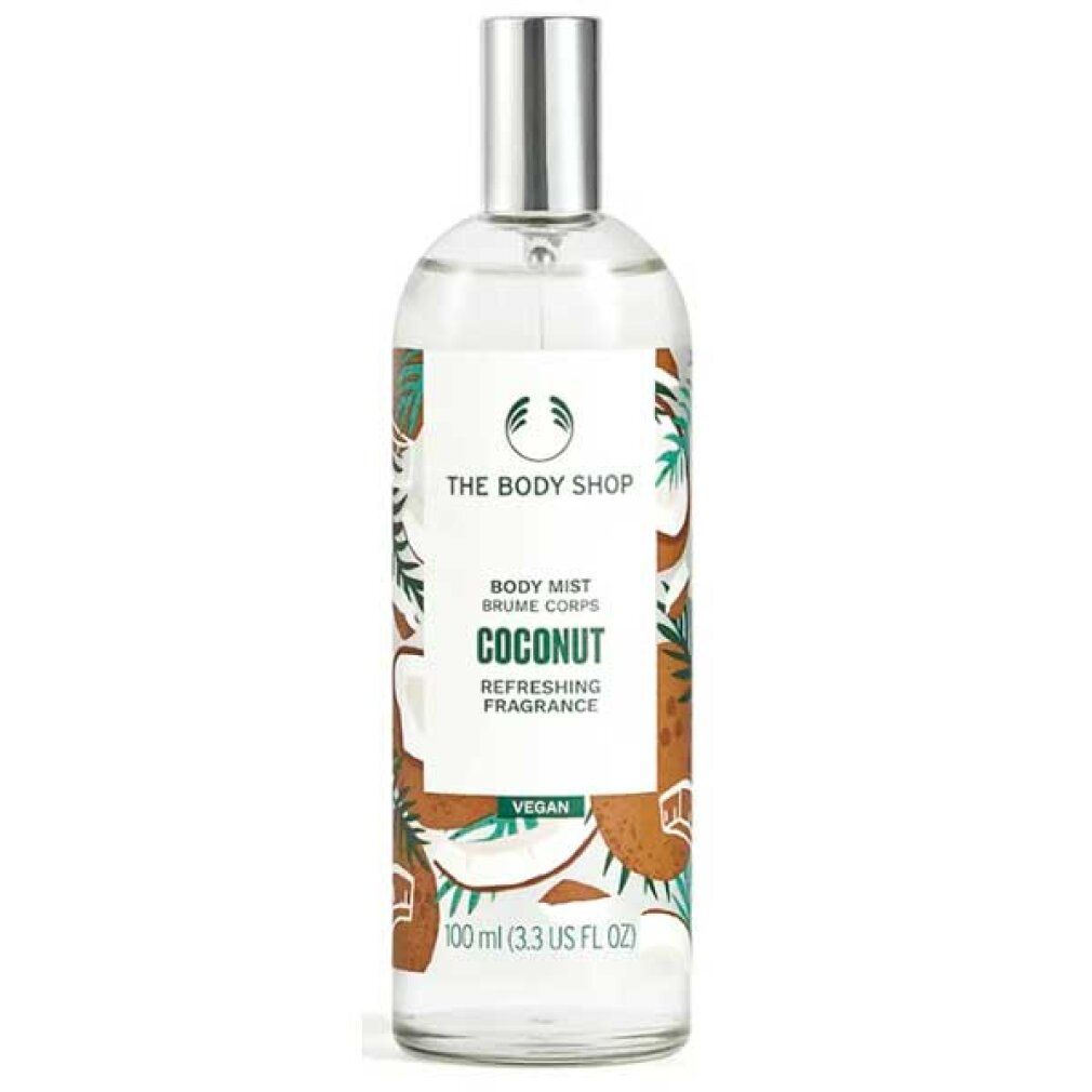 Körpernebel-Flasche mit Kokosnuss-Design. Silberner Sprühkopf. Aufschrift: "Coconut". Vegan.