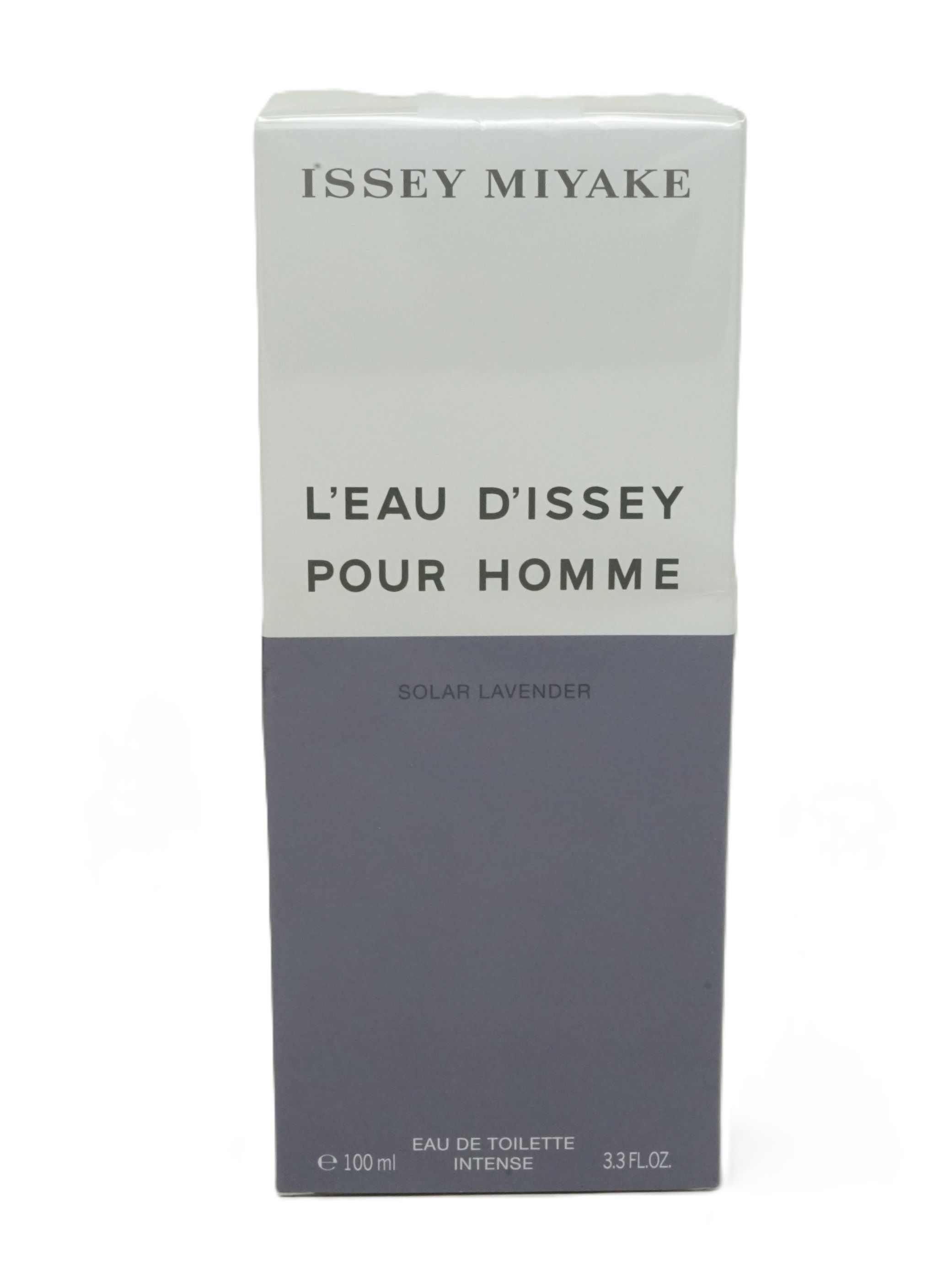 Verpackung von L'EAU D'ISSEY POUR HOMME SOLAR LAVENDER. Aufschrift: ISSEY MIYAKE. Eau de Toilette Intense.