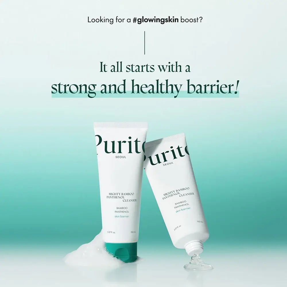 Zwei weiße Tuben mit grünem Verschluss. Aufschrift: PURITO SEOUL, Mighty Bamboo Panthenol Cleanser. Schaum.