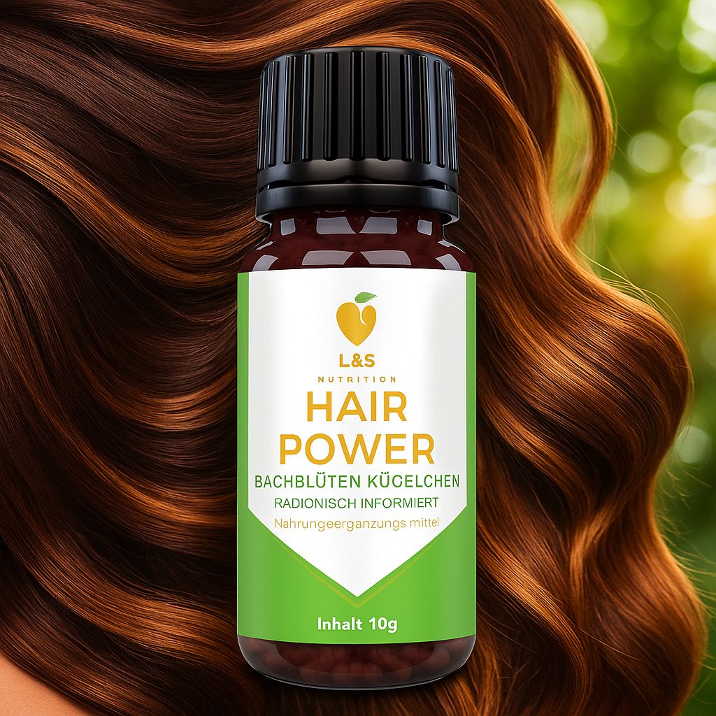 Braune Glasflasche mit schwarzem Deckel. Etikett "L&S Nutrition Hair Power" vor braunen Haaren.