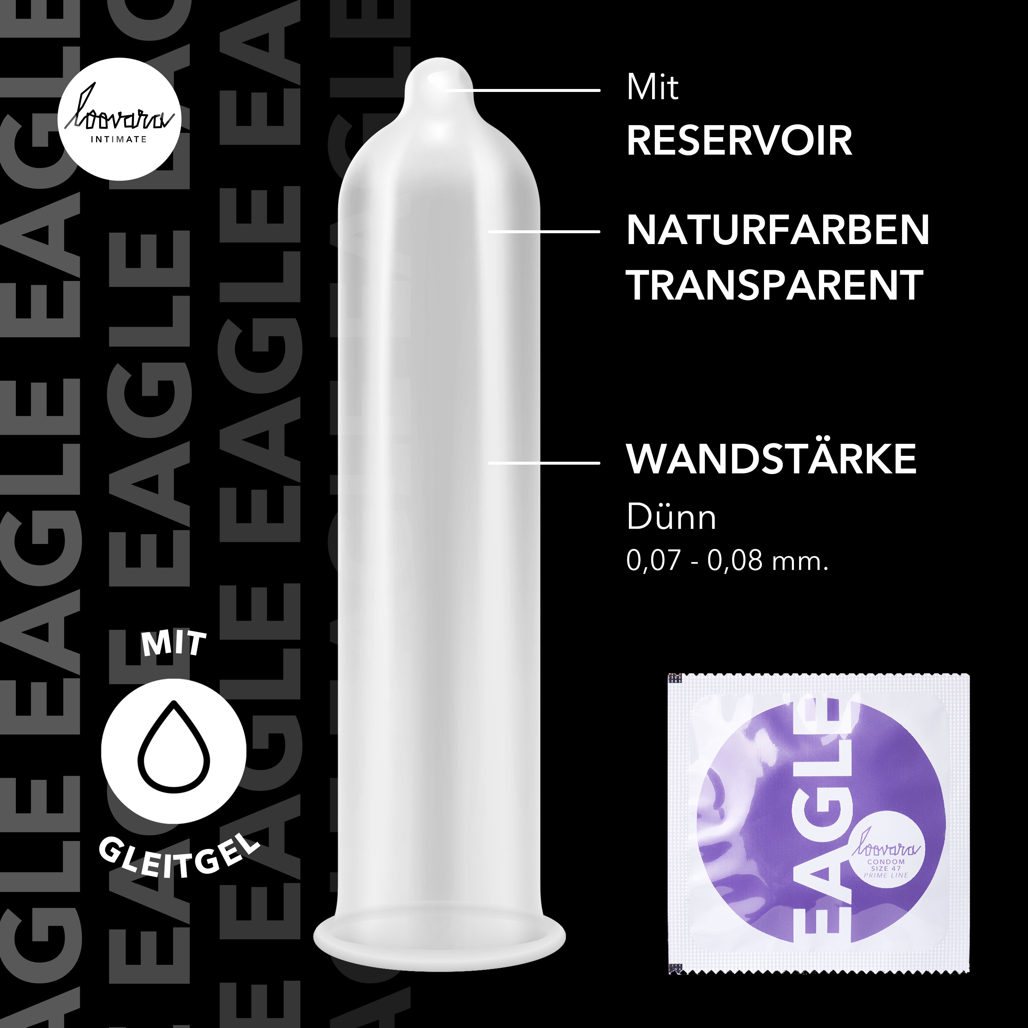 Transparentes Kondom mit Reservoir. Text: Naturfarben transparent, Wandstärke dünn 0,07-0,08 mm, mit Gleitgel. Verpackung mit Logo Eagle.